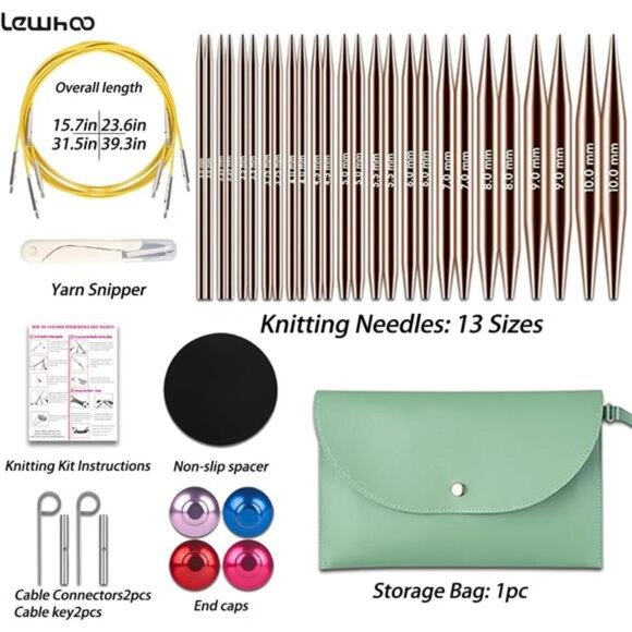 Lewhoo Circular Knitting Needles Set, 13 Pairs Interchangeable Aluminum Round - Picture 2 of 7